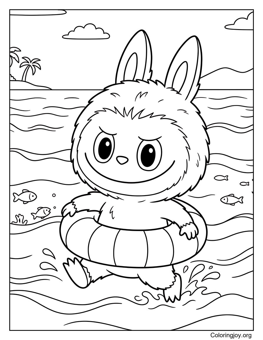 Nager dans la mer avec un anneau flottant Labubu-Feuille de coloriage inspirée