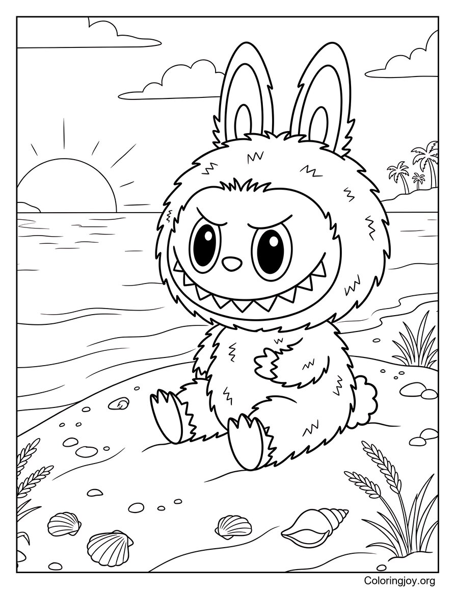 Regarder le coucher du soleil sur la plage Labubu-Inspired Coloring Sheet