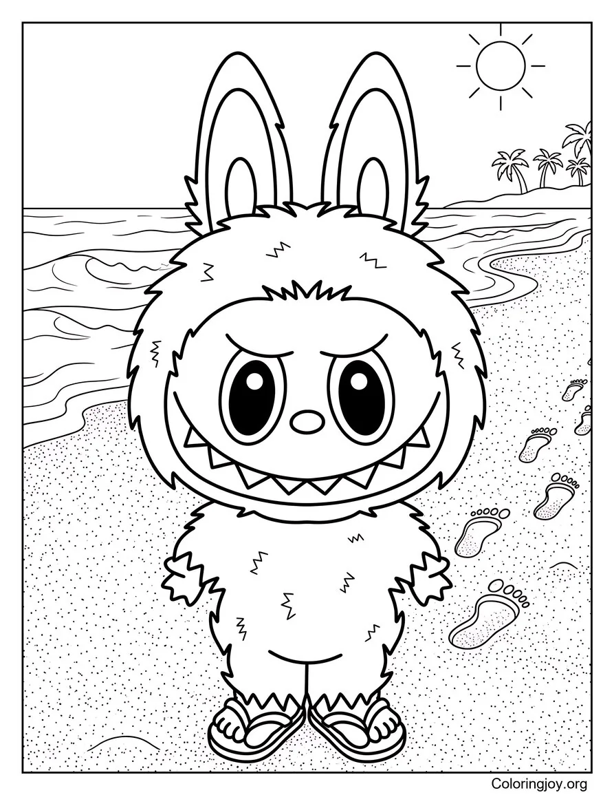Walking on Sand with Flip Flops Labubu-Inspired Coloring Page