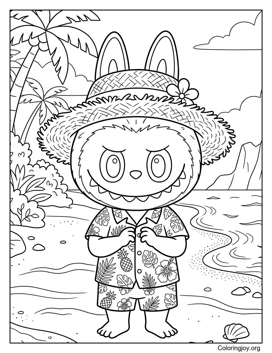 Porter un chapeau de paille en tenue tropicale Labubu-Feuille de coloriage inspirée