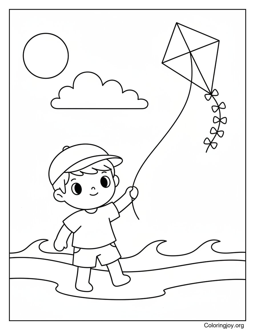 Little Boy Flying A Kite On A Windy Beach Coloring Sheet