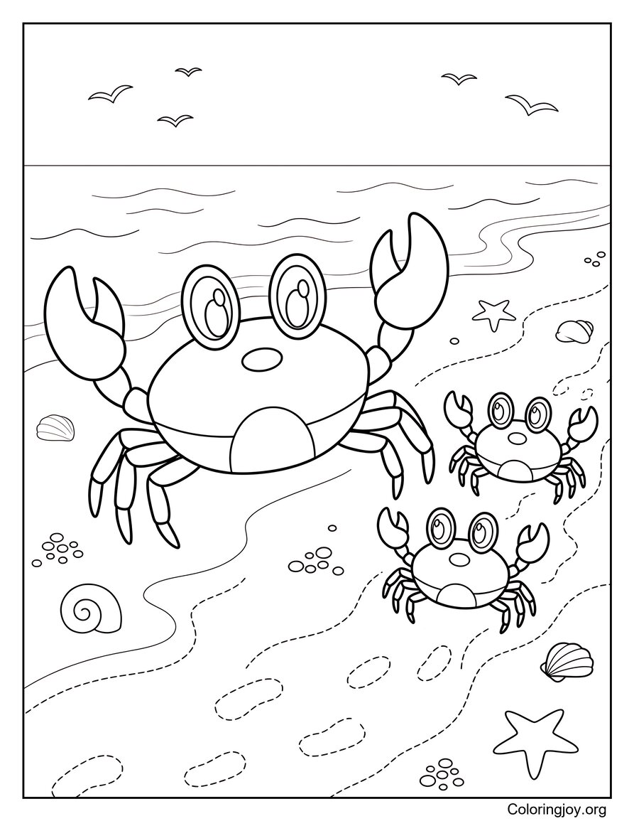 Little Crab Family Walking On The Beach Coloring Sheet