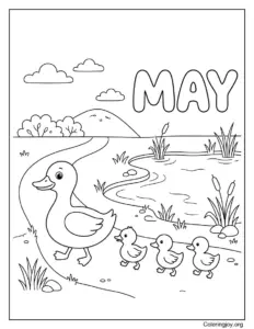 Little Duck Family Walking Near A Pond Coloring Page
