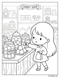Little Girl Buying Giant Gumdrops At A Candy Store
