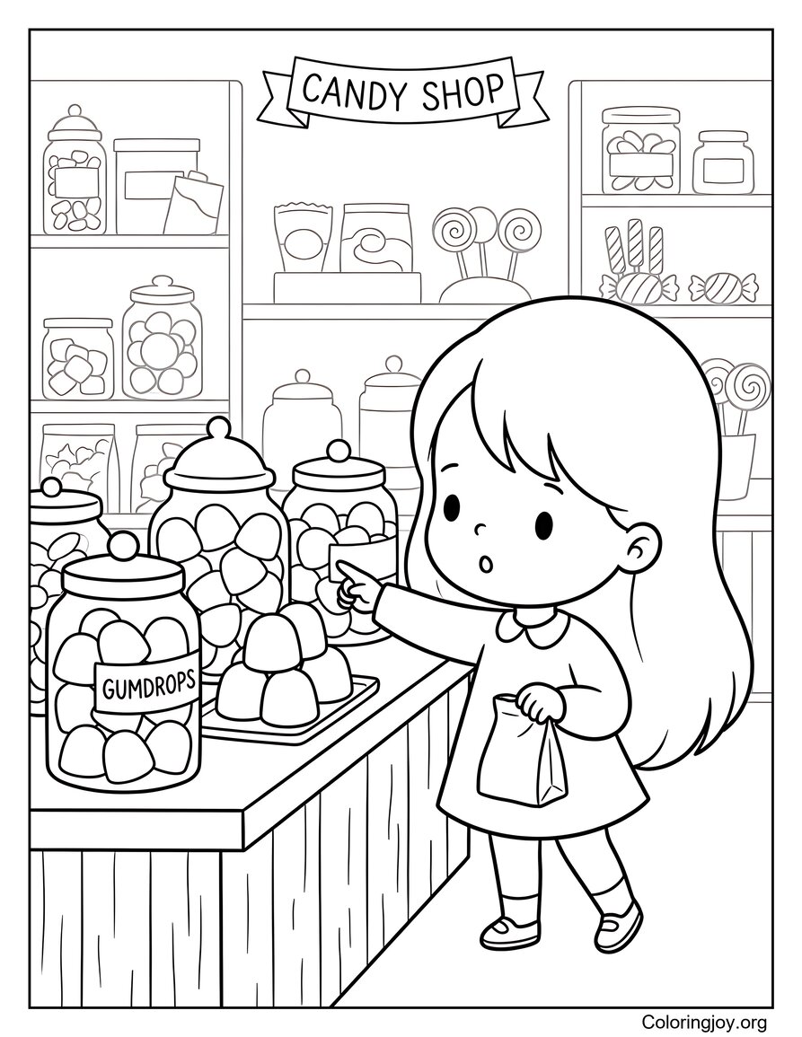 Little Girl Buying Giant Gumdrops At A Candy Store