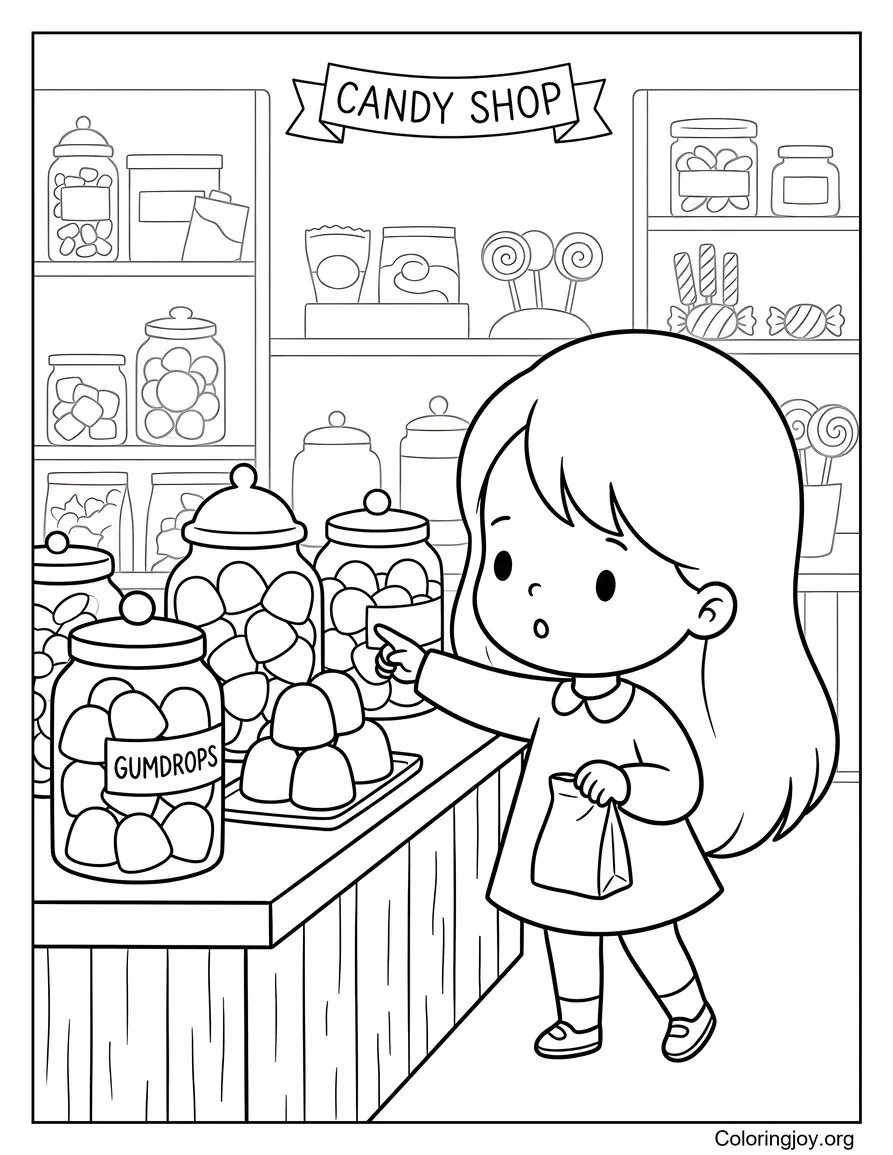 Little Girl Buying Giant Gumdrops At A Candy Store