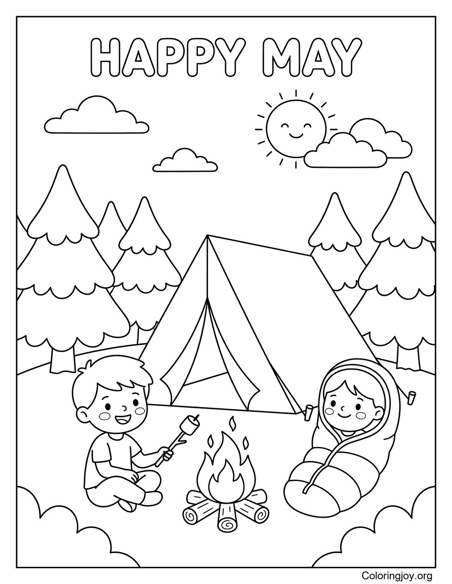 Aventure de mai avec des enfants campant dans la nature Coloriage