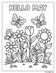 May Blooming Garden With Butterflies Coloring Sheet