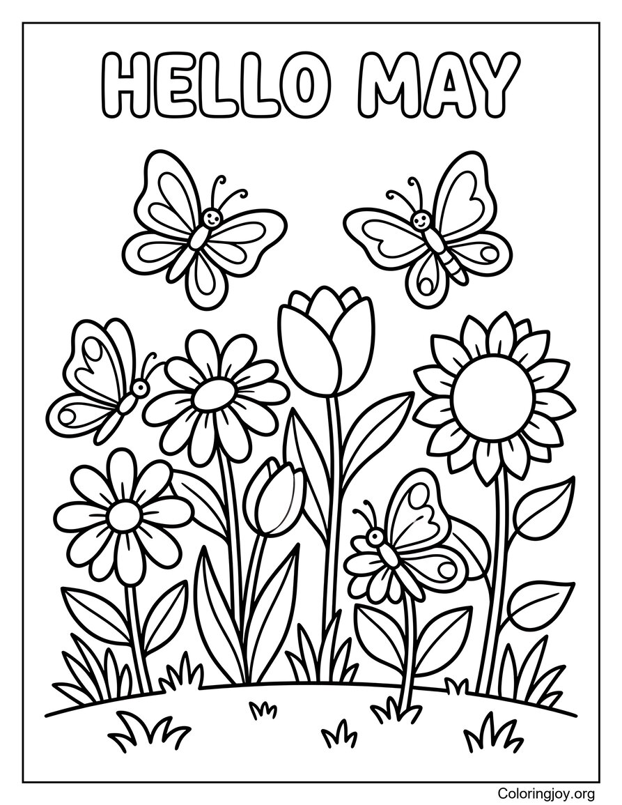 Jardin fleuri de mai avec feuille de coloriage de papillons