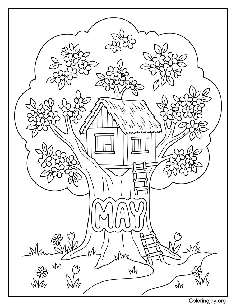Feuille de coloriage de mai fleurit autour d’une cabane dans les arbres confortable