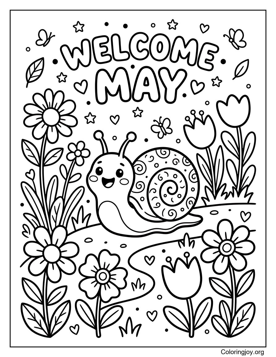 Fleurs de mai entourant une page de coloriage d’escargot heureux