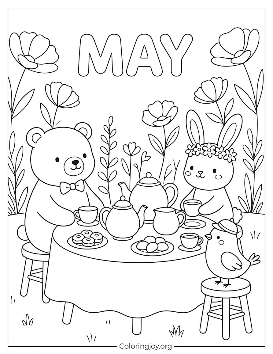 Fête de thé du jardin de mai avec une feuille de coloriage d’animaux mignons