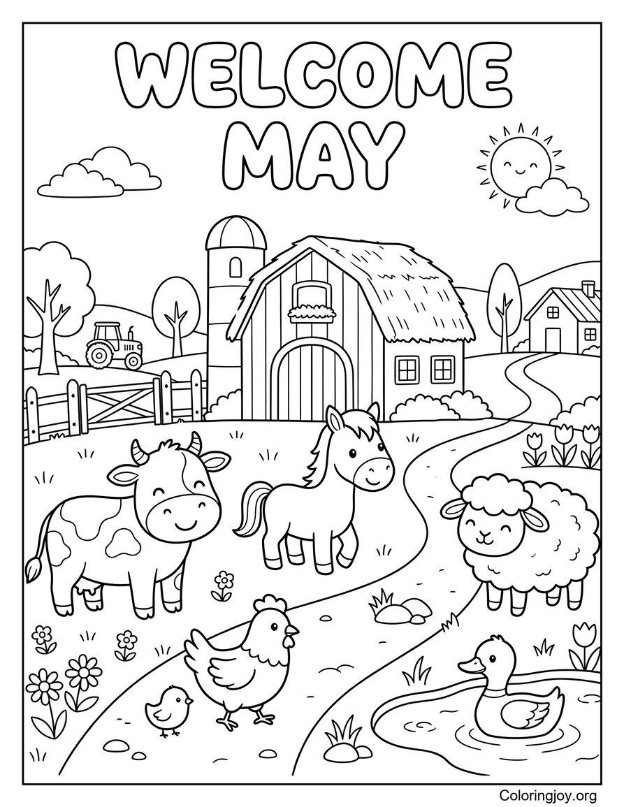 Journée joyeuse de mai à la ferme avec des animaux Coloriage