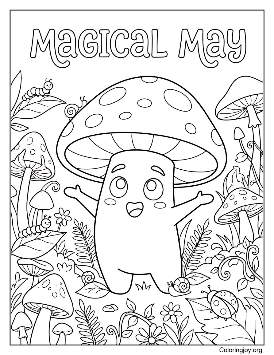 Page de coloriage du jardin magique de mai avec des champignons et de petites créatures