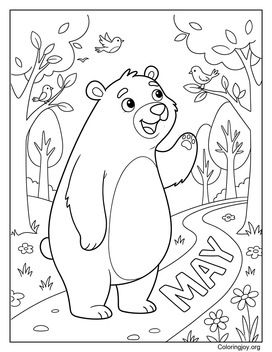 Feuille de coloriage du sentier naturel de mai avec des arbres et des oiseaux