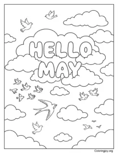 May Sky Full Of Birds And Clouds Coloring Page