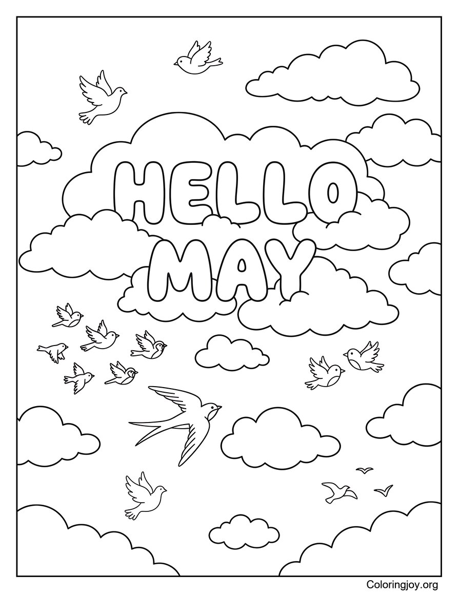 Coloriage du ciel de mai plein d’oiseaux et de nuages ​​||| Page de coloriage de scène de pique-nique May Sunshine pour les enfants