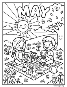 May Sunshine Picnic Scene Coloring Page For Kids