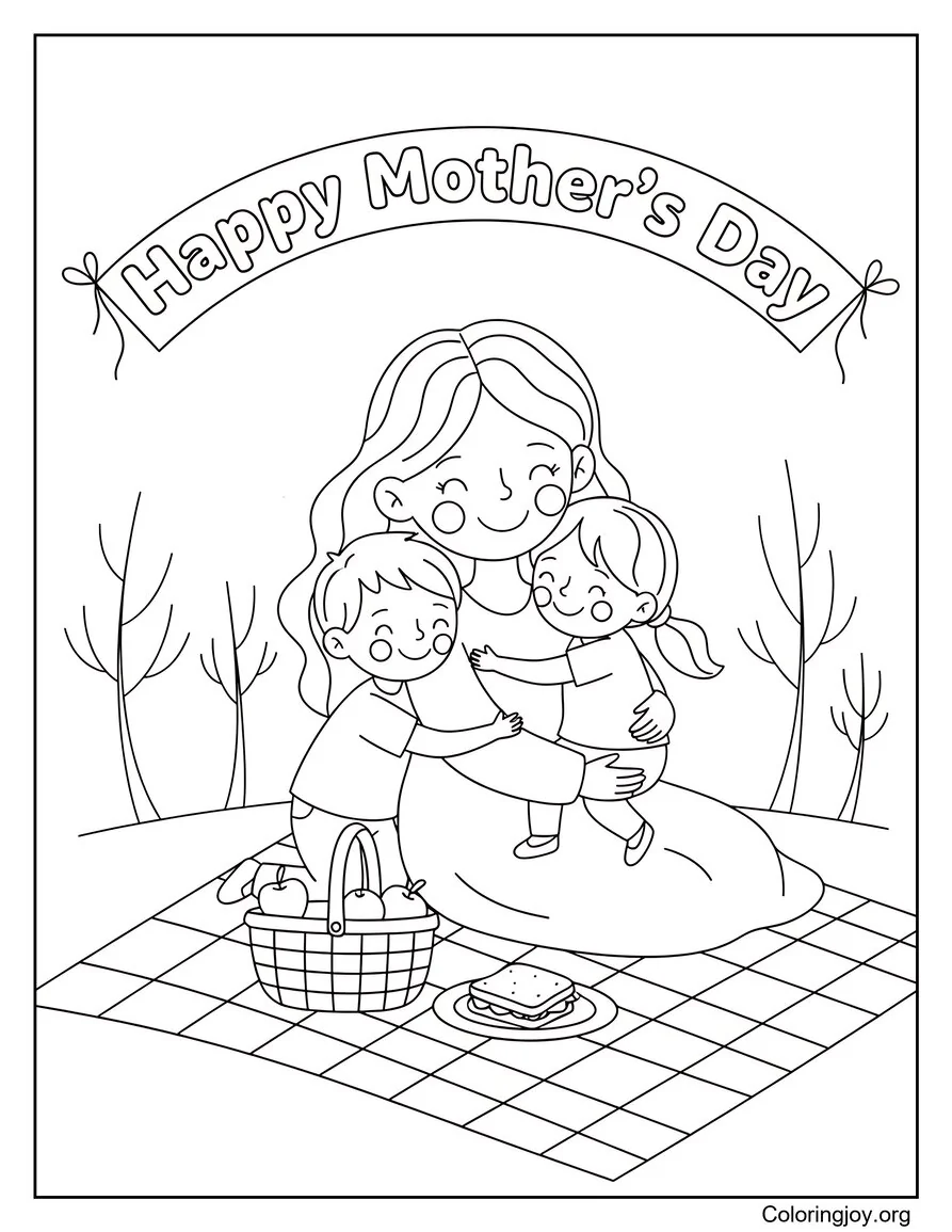 Mom And Kids Picnic Happy Mothers Day Banner Coloring Page