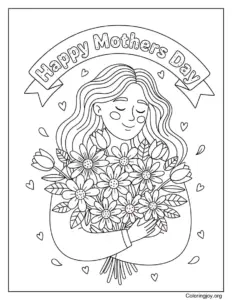 Mom Holding Flowers Happy Mothers Day Coloring Page Soft Style
