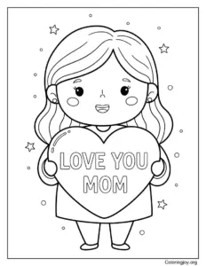 Mom Holding Heart Sign Coloring Page Heartwarming Scene
