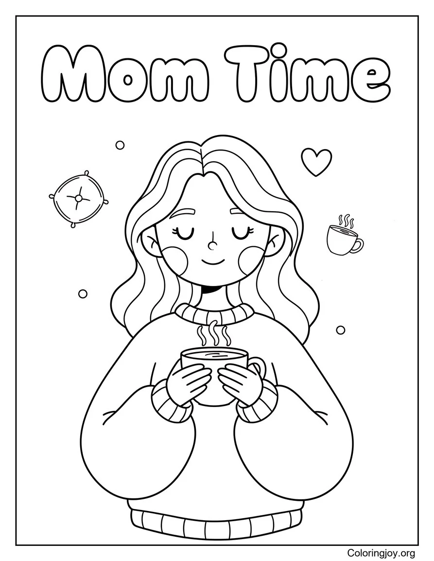 Mom With Coffee Mom Time Coloring Page Relaxing Cozy Scene