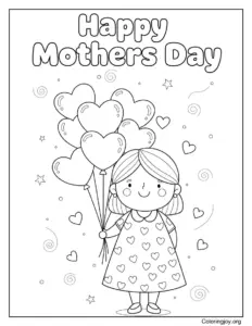 Mom With Heart Balloons Happy Mothers Day Coloring Page