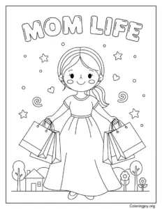 Mom With Shopping Bags Funny Coloring Page Cute Scene