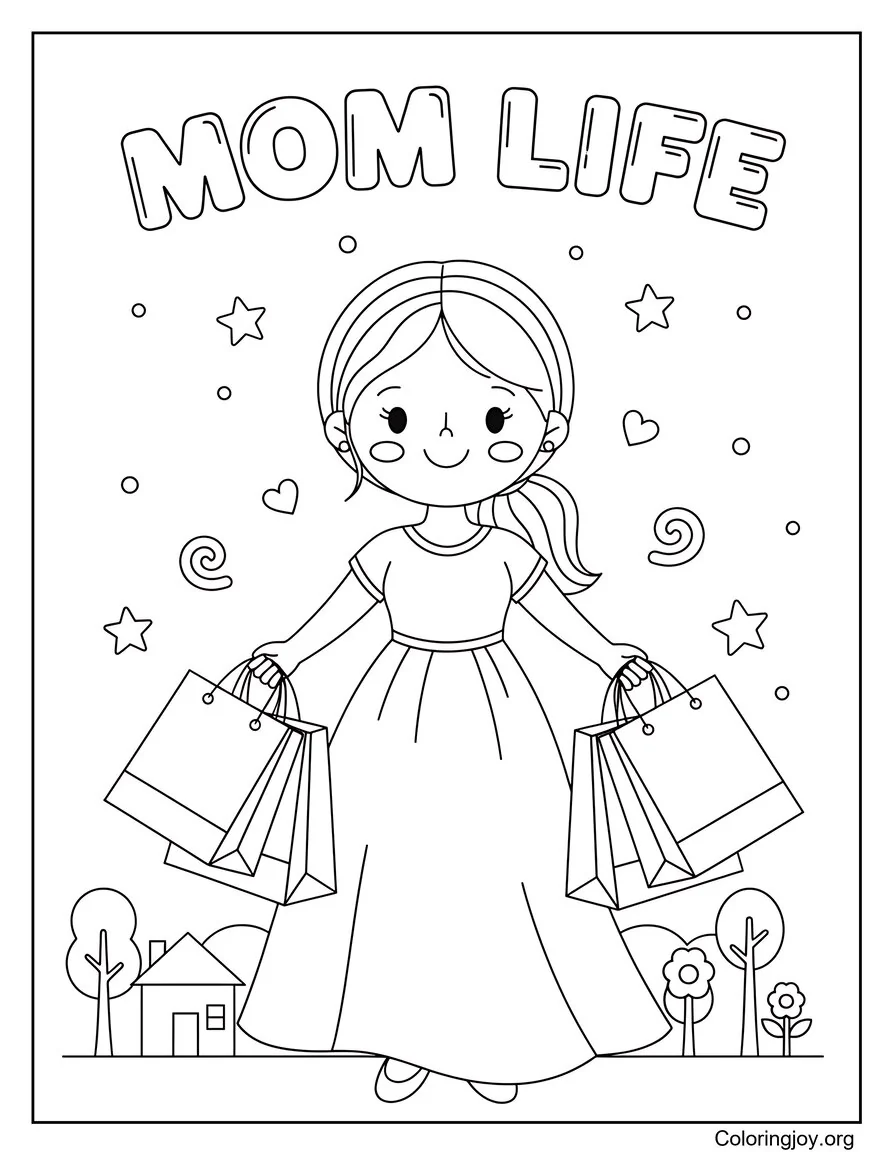 Mom With Shopping Bags Funny Coloring Page Cute Scene