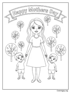 Mother And Children Walking Together Coloring Page Scene
