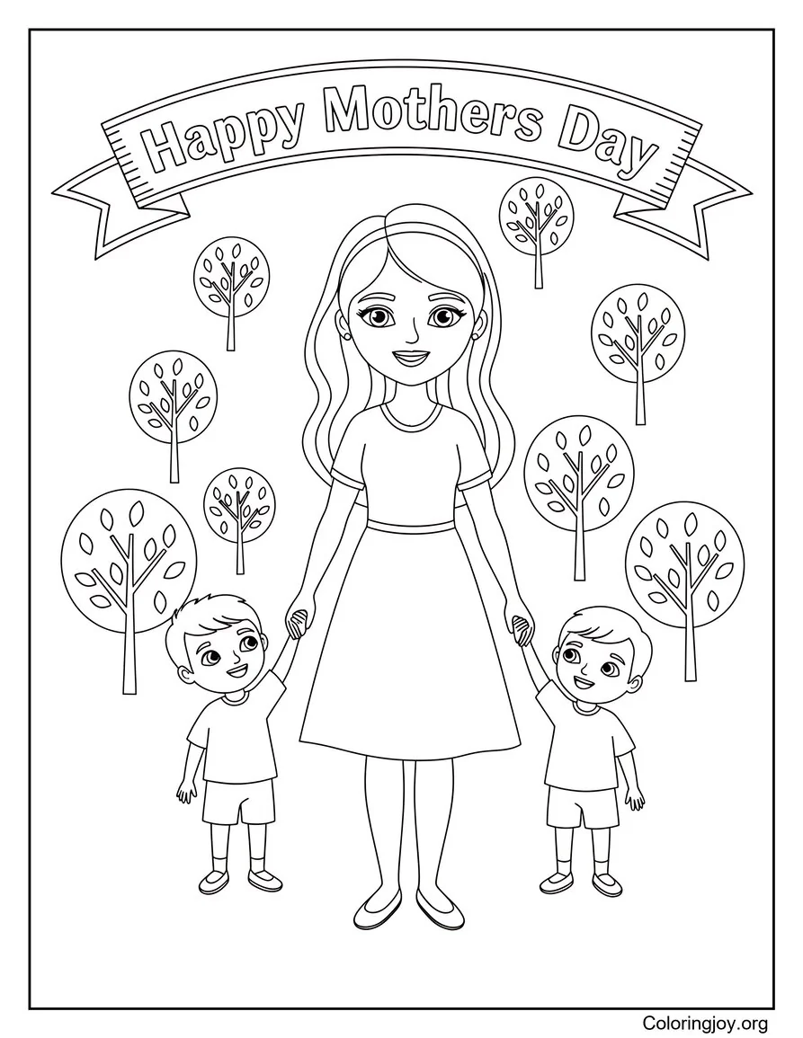Mother And Children Walking Together Coloring Page Scene