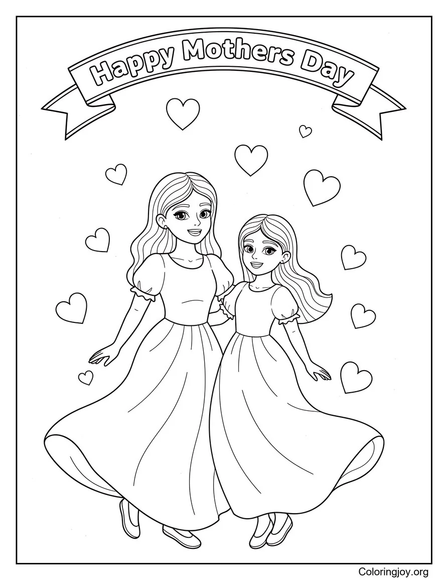 Mother And Daughter Dancing Happy Mothers Day Coloring Page