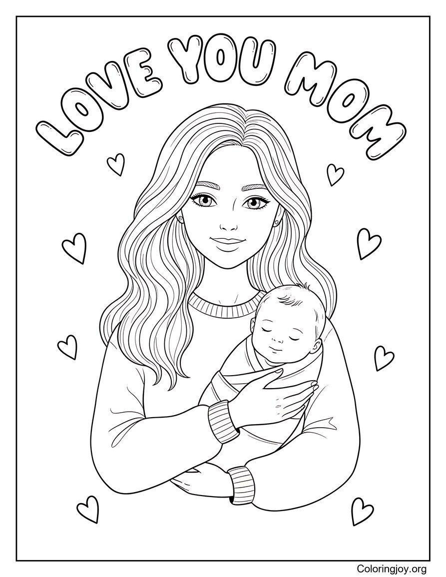 Mutter hält Baby. Ich liebe dich, Mama. Malvorlage. Herzerwärmende Szene