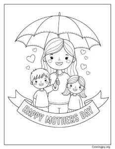 Mother Holding Umbrella With Kids Coloring Page