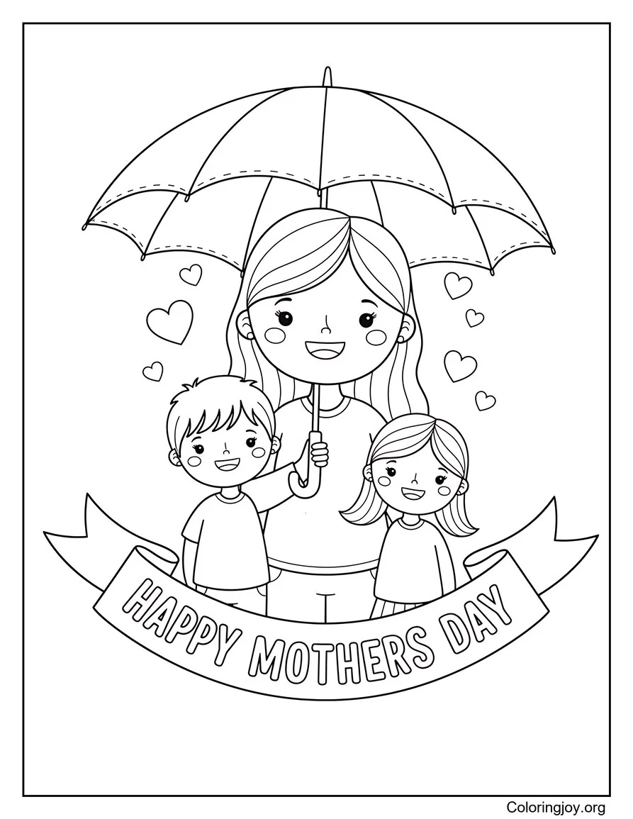 Mother Holding Umbrella With Kids Coloring Page