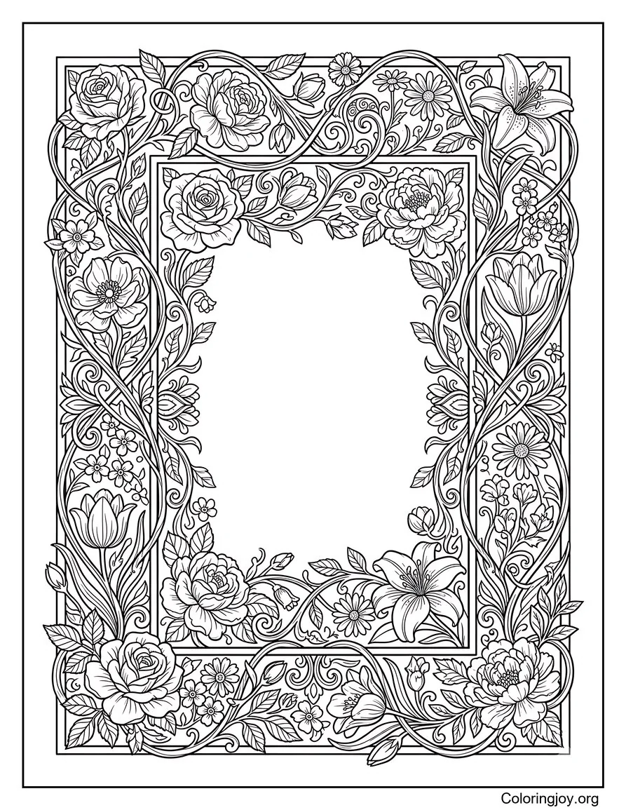 Ornate Spring Flower Vine Frame Coloring Page