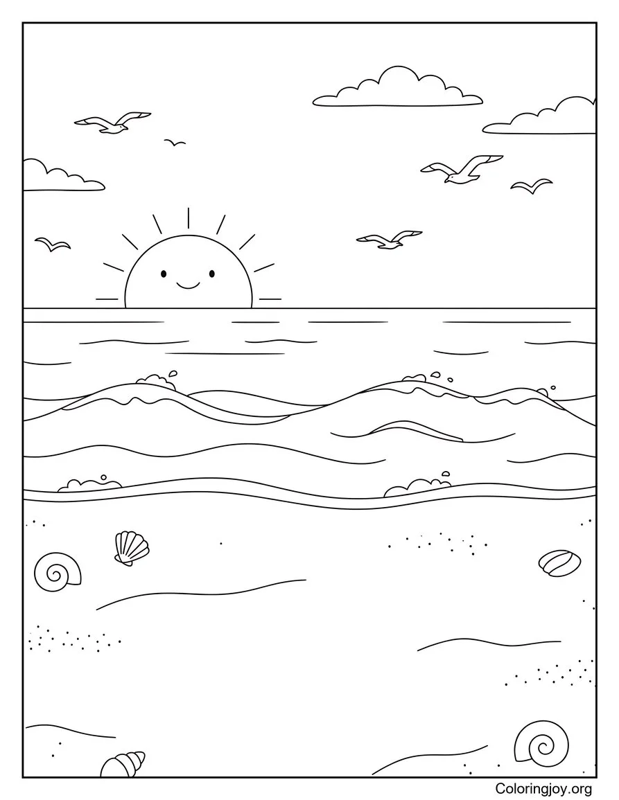 Peaceful Beach Morning With Seagulls And Waves Coloring Page
