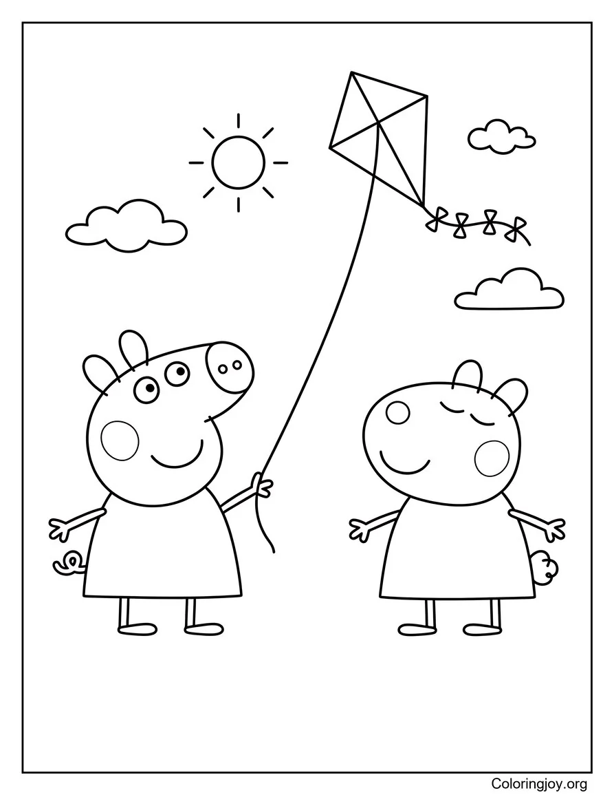 Flying a Kite in Summer Peppa Pig-Inspired Coloring Page
