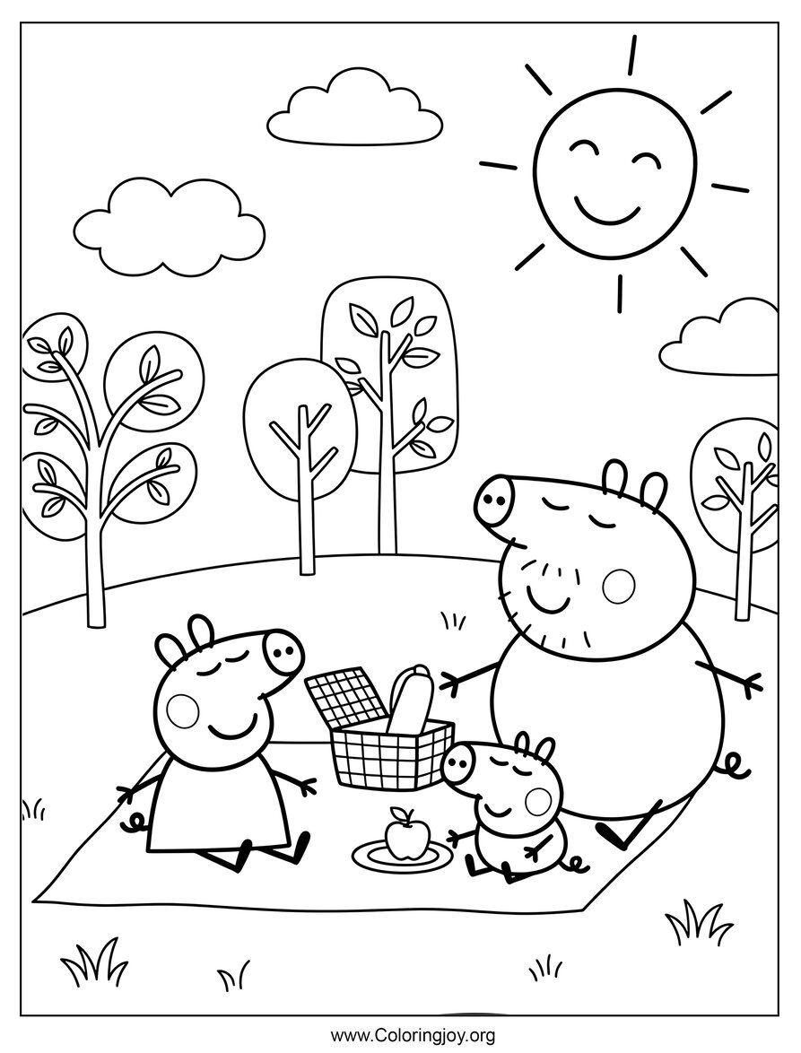 Pique-nique en famille avec Maman Cochon et George - Feuille de coloriage inspirée de Peppa Pig