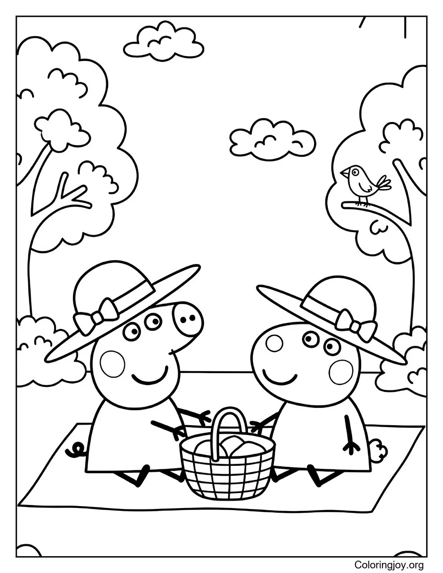 Sun Hat Picnic Cute Peppa Pig-Inspired Coloring Page