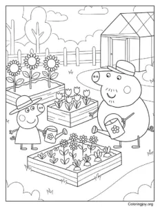 Watering Plants in Summer Peppa Pig Coloring Sheet