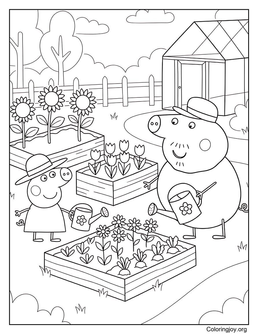 Arroser les plantes en été Peppa Pig Feuille de coloriage