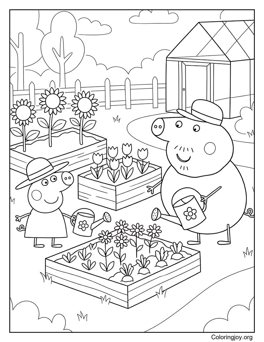 Watering Plants in Summer Peppa Pig Coloring Sheet