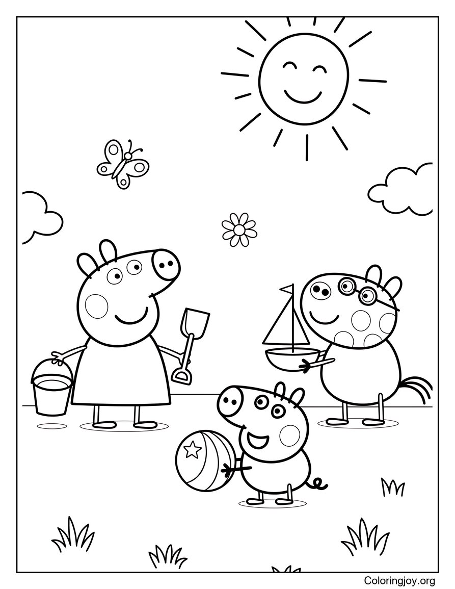 Jouer aux jouets d'été avec George et Pedro Pony Peppa Pig Feuille de coloriage