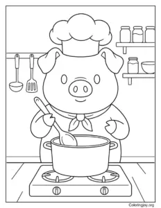Cooking in the Kitchen Pig Chef Coloring Page