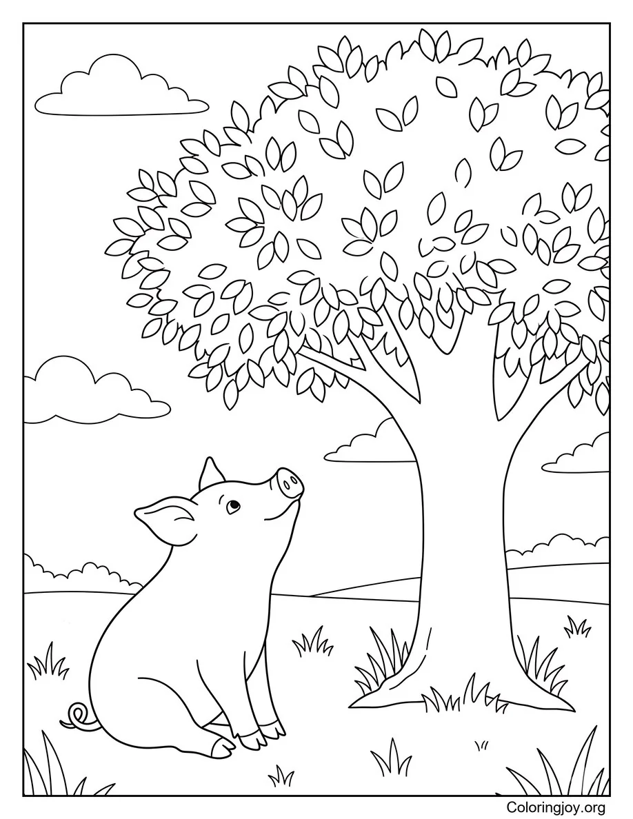 Sitting Under a Tree Farm Pig Illustration