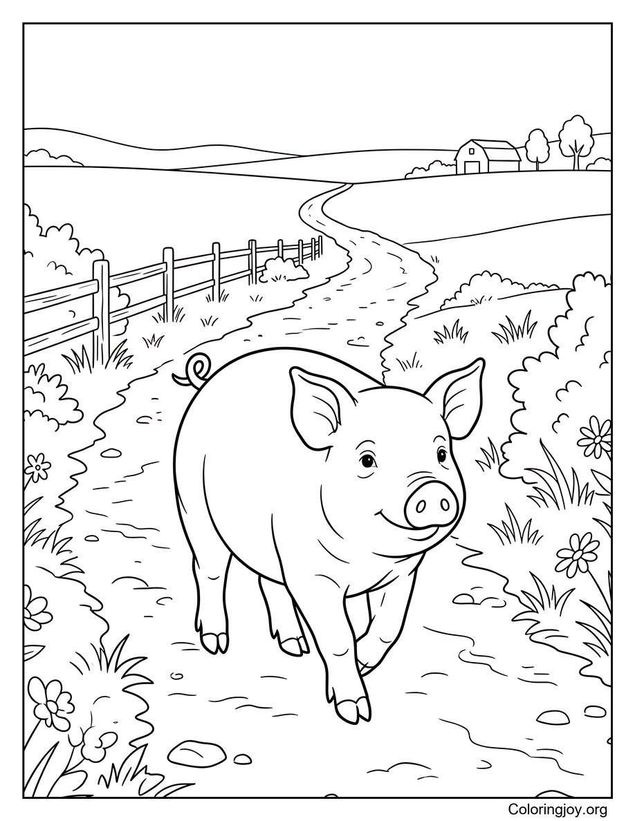 Wandelen langs een boerderijpad varken afdrukbaar