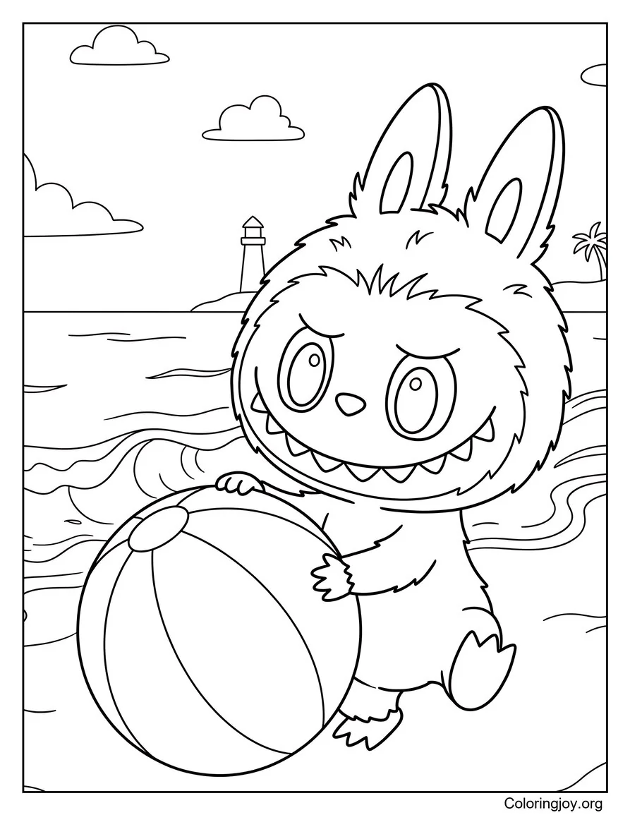 Playful Beach Ball Fun Near Ocean Labubu-Inspired Coloring Page