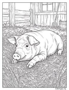 Realistic Pig Resting In Straw Bedding Coloring Page