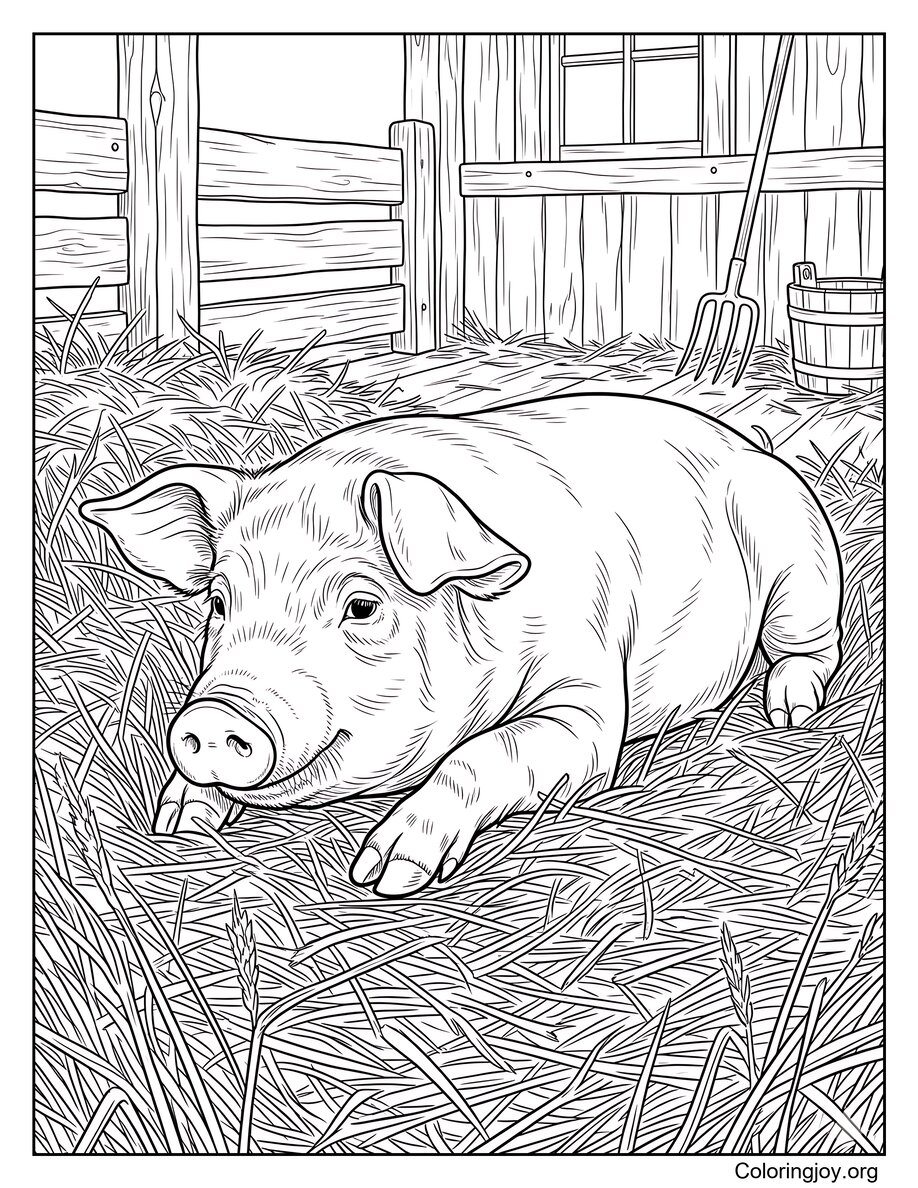 Realistic Pig Resting In Straw Bedding Coloring Page